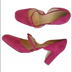 Kate Spade pink suede high heels square Toe Mary Jane Strap Pink Bow Sz￼ 9 1/2.
